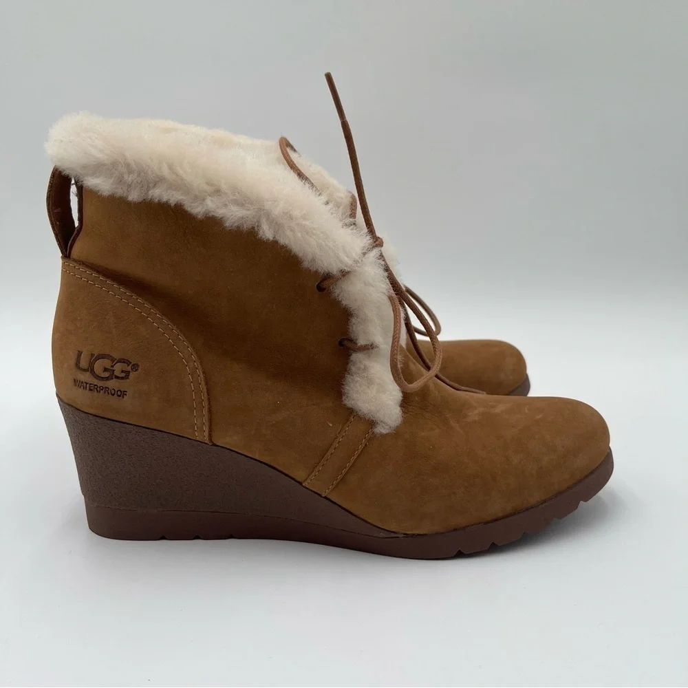 UGG Australia Jeovana Boots Chestnut Suede Waterproof  Wedge Lace Up size 9 - Picture 5 of 16